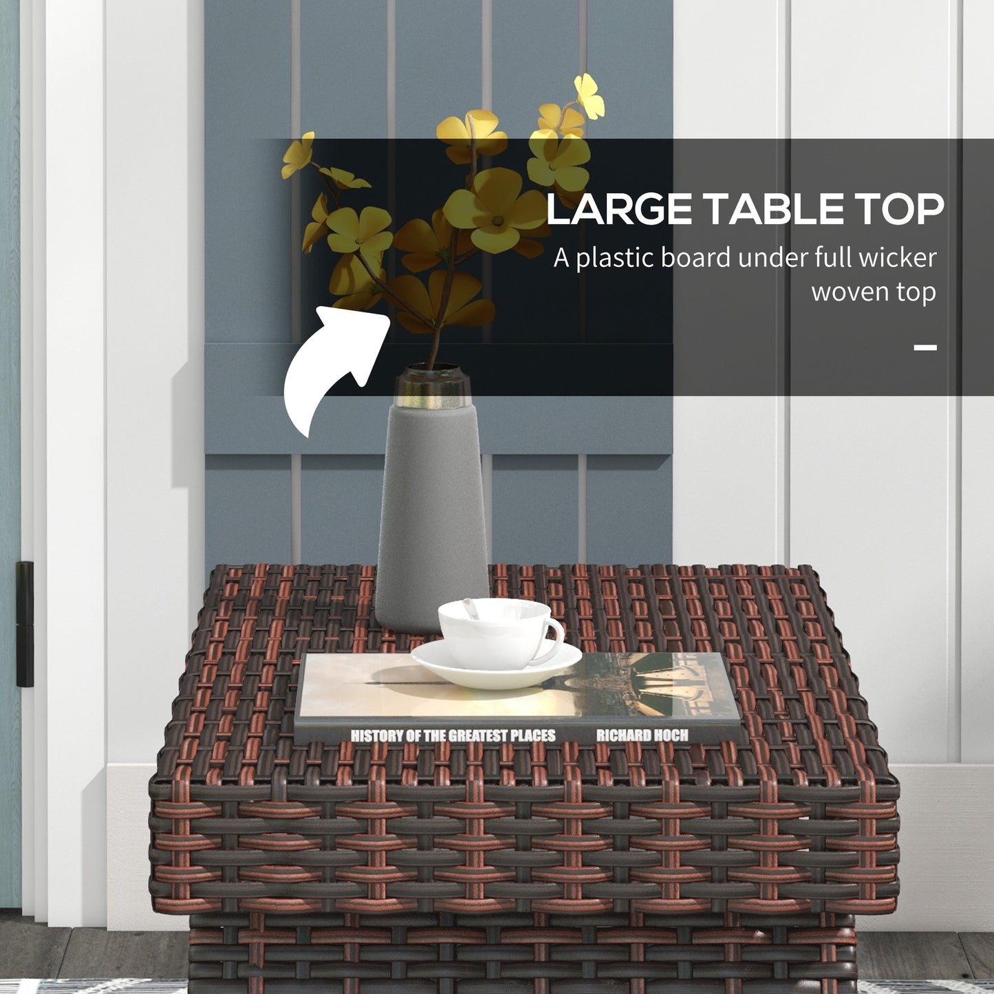 Outsunny Foldable Outdoor Side Table, Rattan Coffee Table with Steel Frame, Space-Saving Bistro Garden Furniture, 60 x 41 x 41 cm, Brown