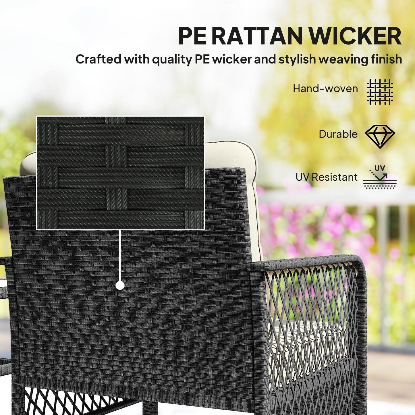 Outsunny 3 Pieces Rattan Bistro Set with Glass Top Coffee Table, Chairs and Cushions for Outdoor, Patio, Balcony, Cream
