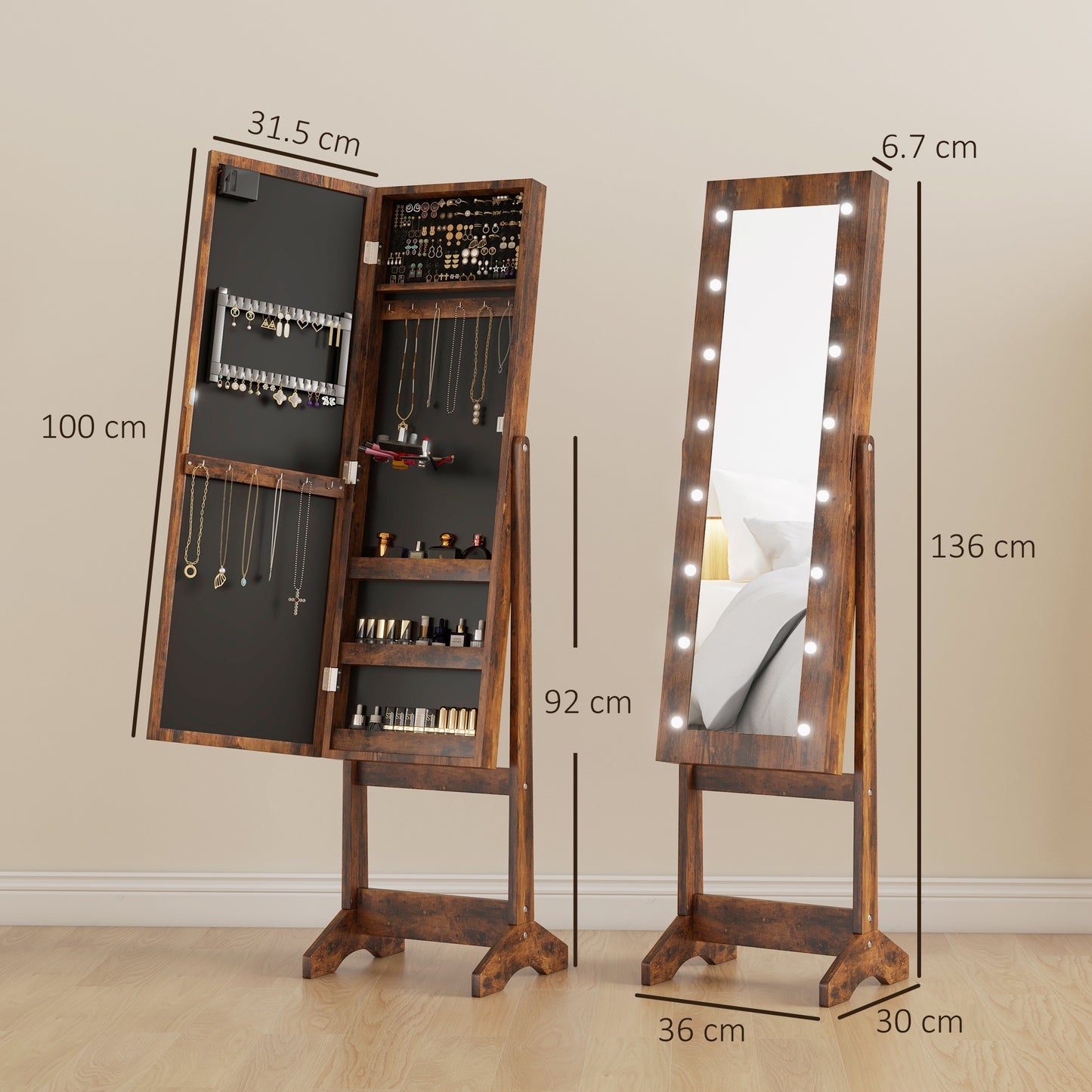 HOMCOM Freestanding Mirror Jewelry Cabinet with LED Lights, Adjustable Organizer for Earrings, Necklaces, Rings, and Lipsticks, Rustic Brown