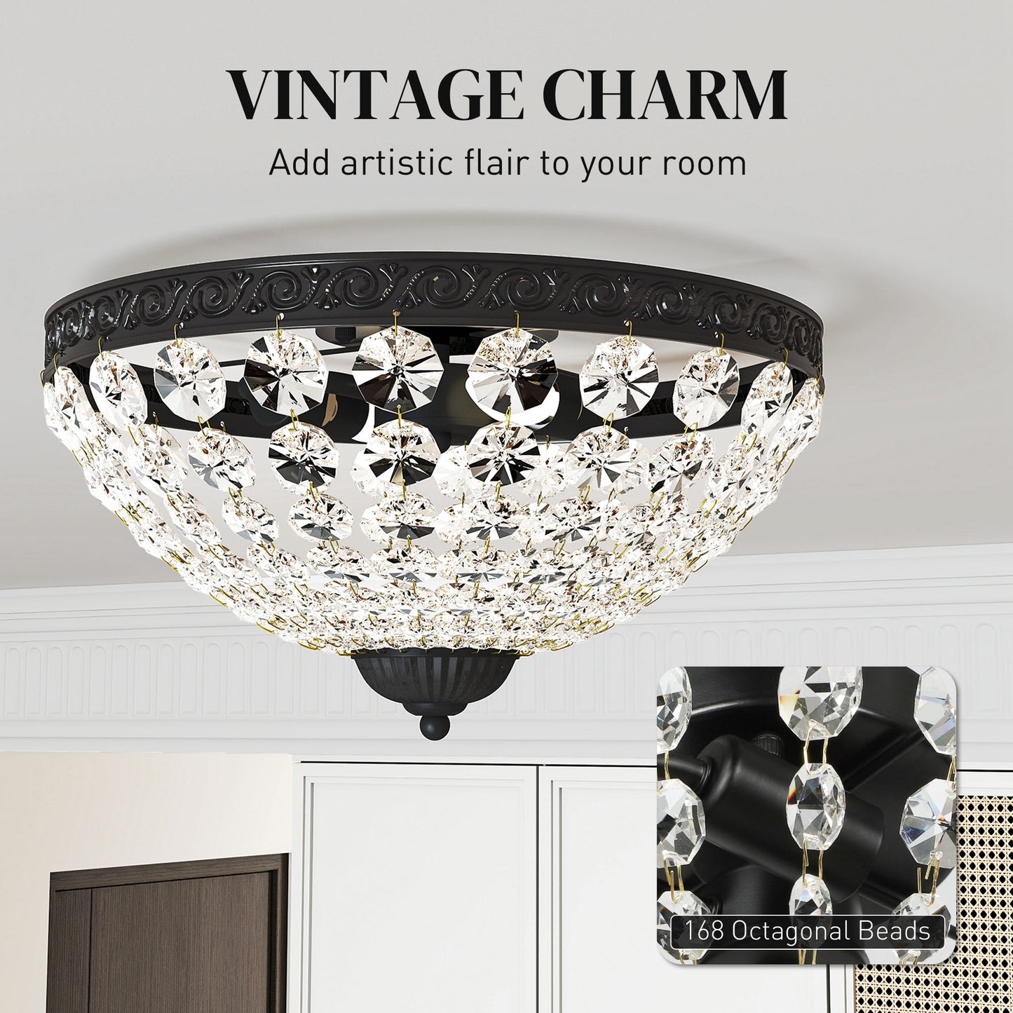 HOMCOM Crystal Chandelier Ceiling Light, 2-Light Flush Mount with 168 Octagonal Beads for Living Room, Bedroom, Hallway, Dining Room, Black