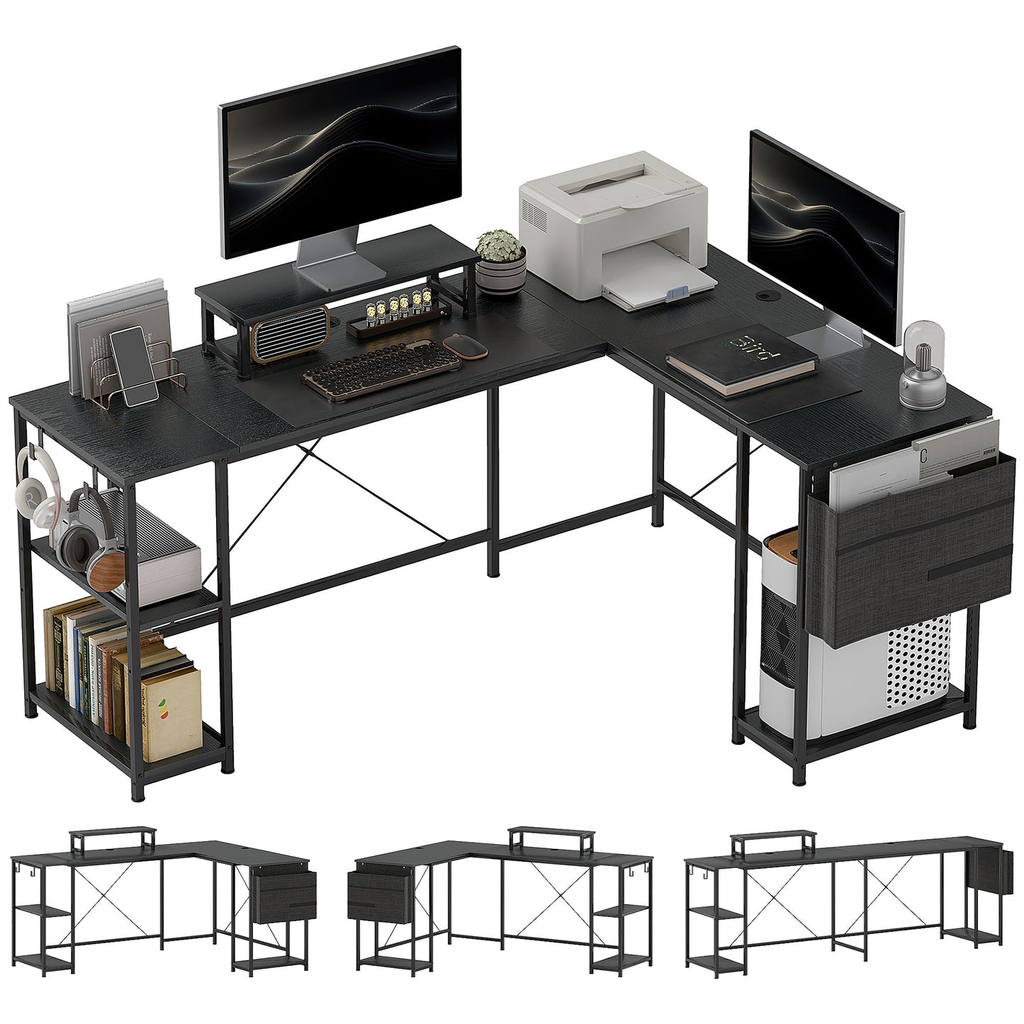 HOMCOM 168cm Reversible L-Shaped Industrial Desk, Adjustable Shelf, Storage Bag, 240cm 2-Person Desk, Black