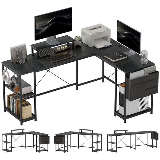 HOMCOM 168cm Reversible L-Shaped Industrial Desk, Adjustable Shelf, Storage Bag, 240cm 2-Person Desk, Black