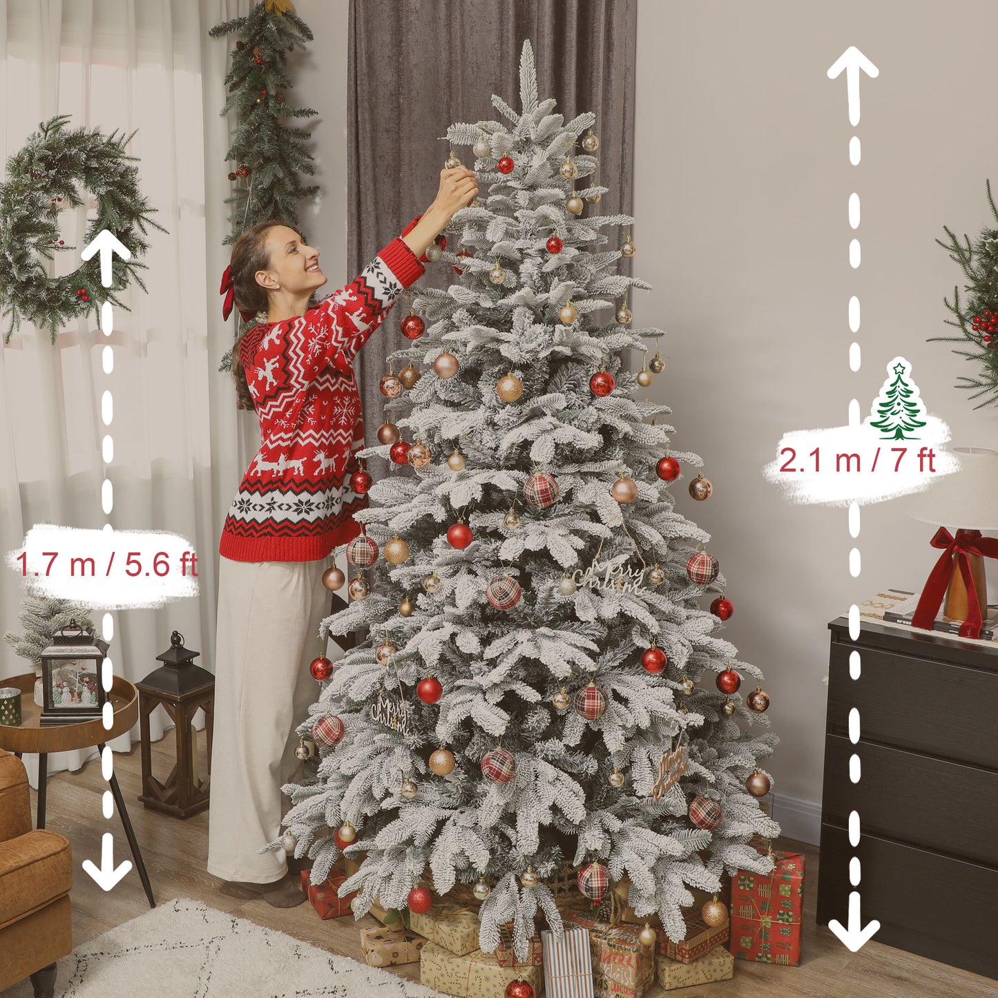 HOMCOM 7 ft Artificial Flocked Christmas Tree with 1867 Branches, Hinged Xmas Tree with Foldable Metal Stand, Easy Assembly for Home Office Decor