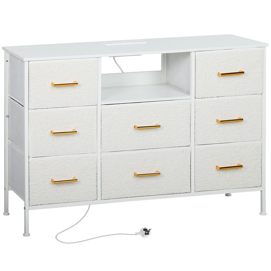 HOMCOM Boucle Chest of Drawers, 8 Fabric Drawers Organizer with Charging Station, 2 USB & 2 AC Ports, Steel Frame, Fabric Dresser, Cream White