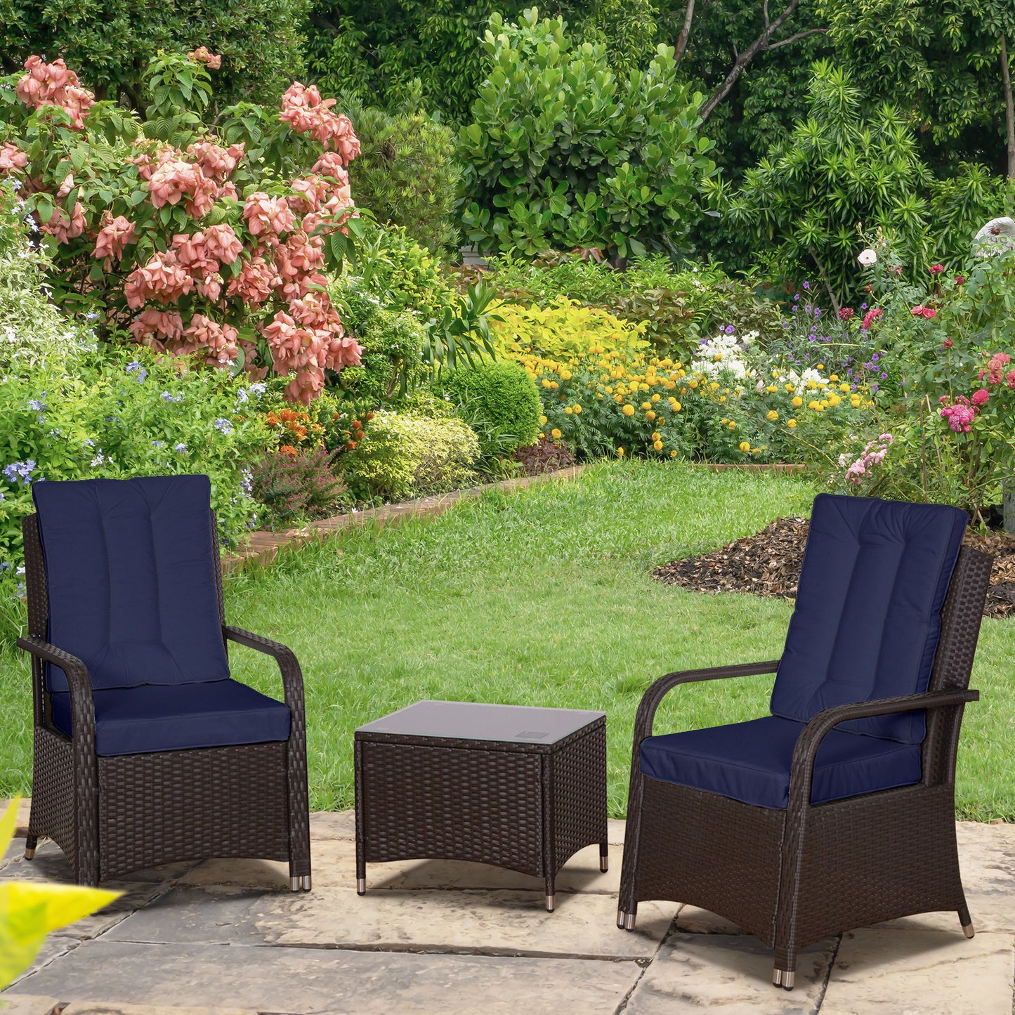 Outsunny 3-Piece Rattan Bistro Set with Cushions - Dark Blue