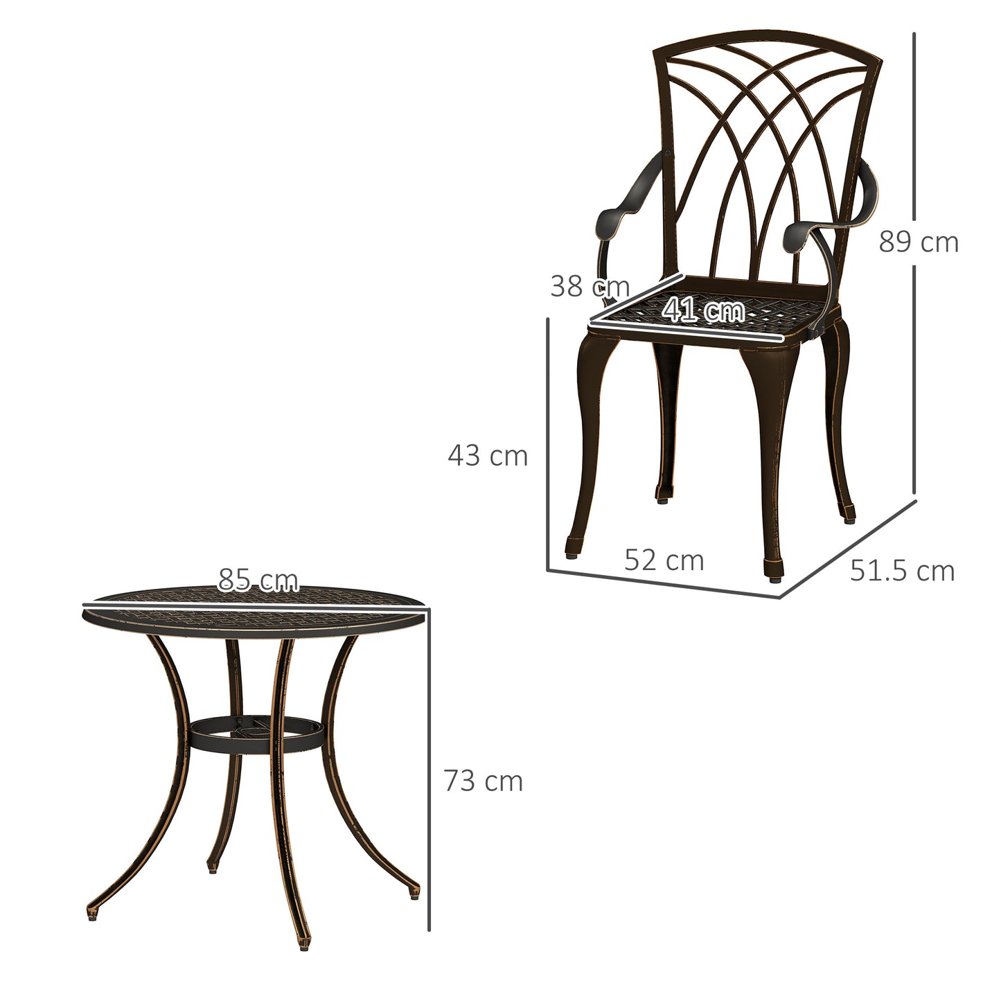 Outsunny 5 Piece Bronze Cast Aluminium Garden Dining Set, 4 Armchairs, Round Table with Parasol Hole
