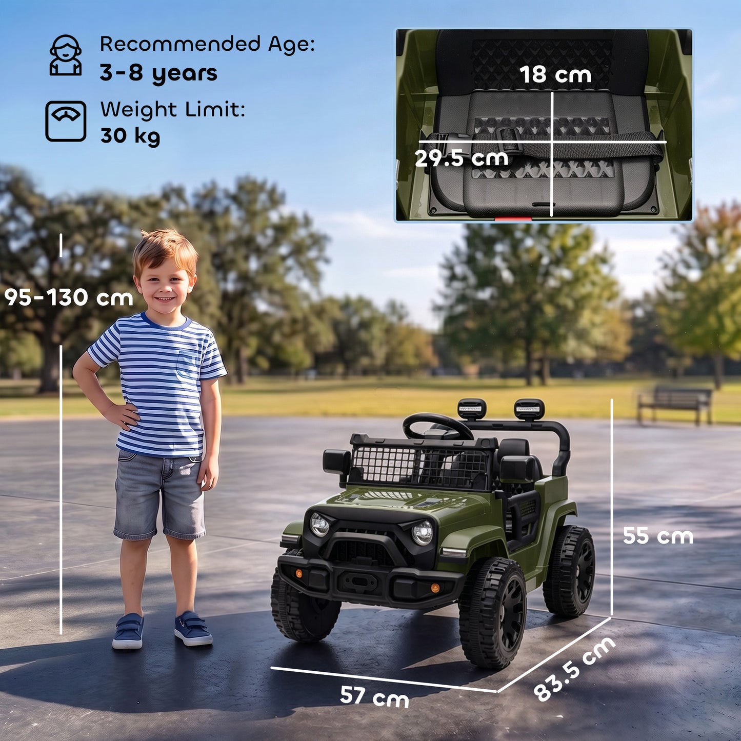 AIYAPLAY 12V Electric Car for Kids with Remote, Dual Motors, Rear Suspension, Soft Start, Music, Lights for 3-8 Years, Dark Green