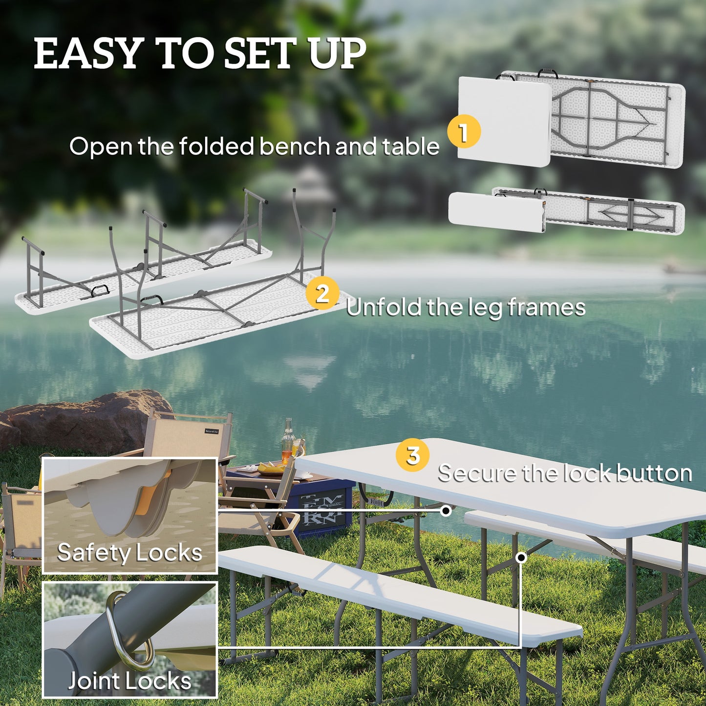 Outsunny 3 Piece 6ft Folding Picnic Table and Bench Set, Portable HDPE with Carry Handles for Indoor/Outdoor Dining, Camping, BBQ, White