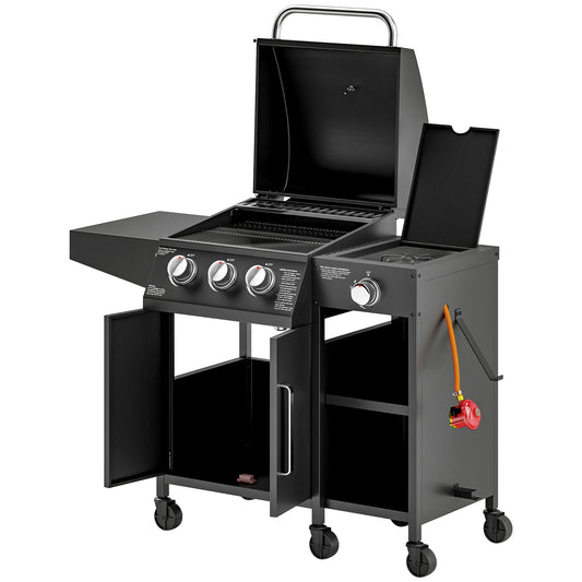 Outsunny 3+1 Burner Gas BBQ Grill with Storage, Shelves, Warming Rack, Thermometer, 6 Wheels, 9.5 kW Trolley for Outdoor Cooking, Black