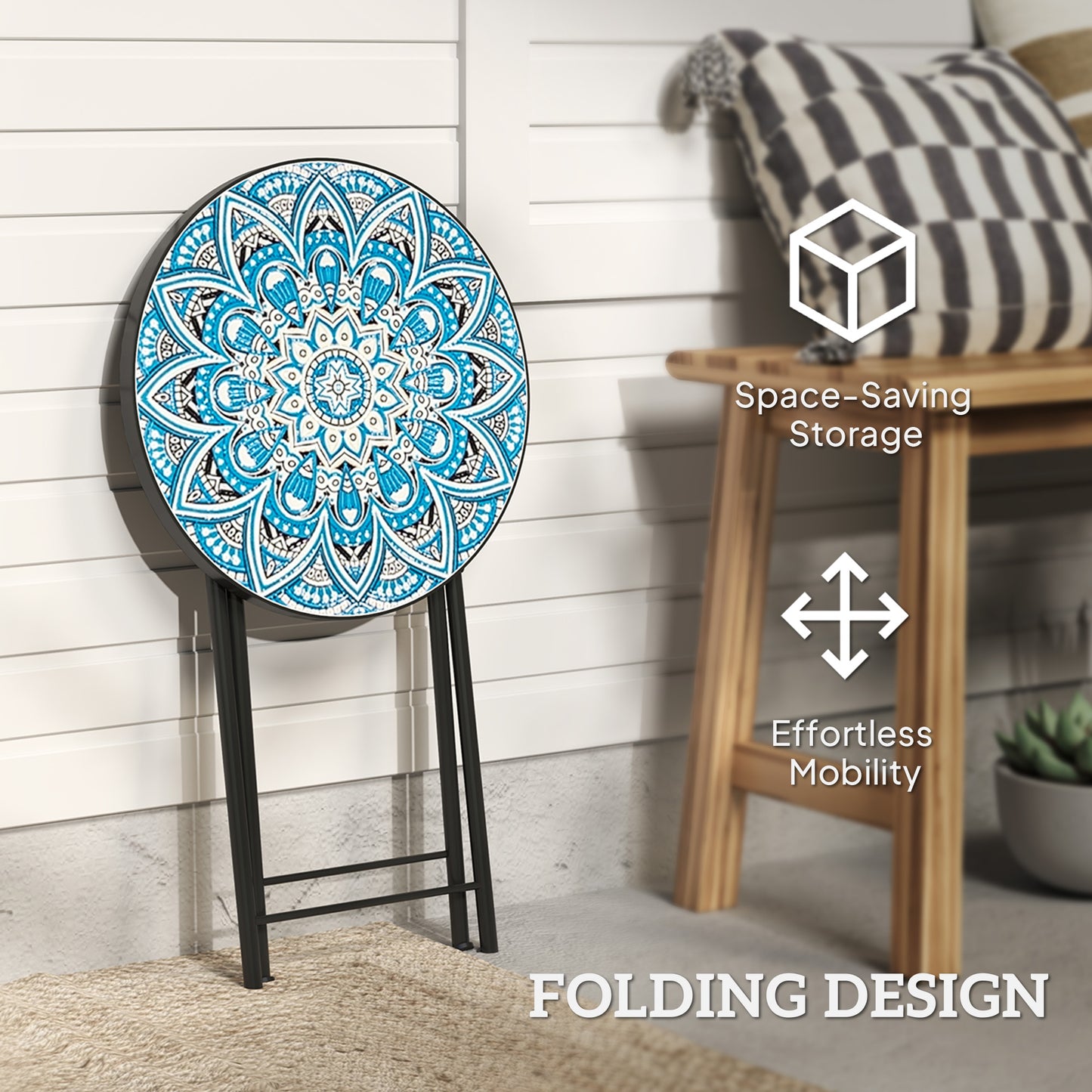 Outsunny Mosaic Garden Table, 35.5cm Round Folding Coffee Table with Metal Frame, Indoor Outdoor Table for Balcony Terrace, Blue