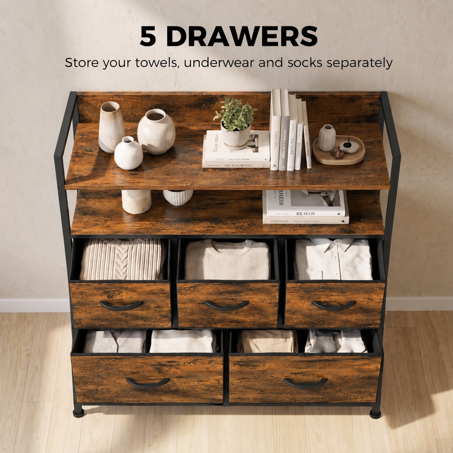 HOMCOM Chest of Drawers, Bedroom Fabric Dresser with 5 Drawers, Storage Organiser Unit with Open Shelves, Rustic Brown