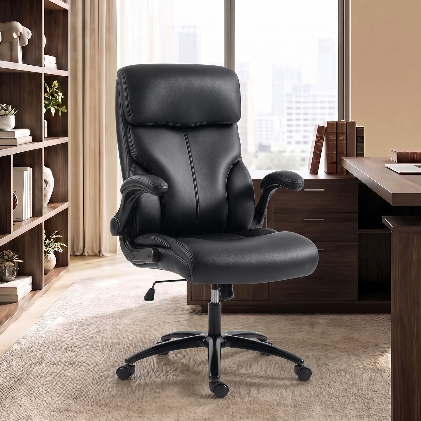 HOMCOM Office Chair, 180kg Heavy Duty PU Leather Computer Desk Chair with Flip-Up Armrests, Wide Seat, Spring Cushion, Black