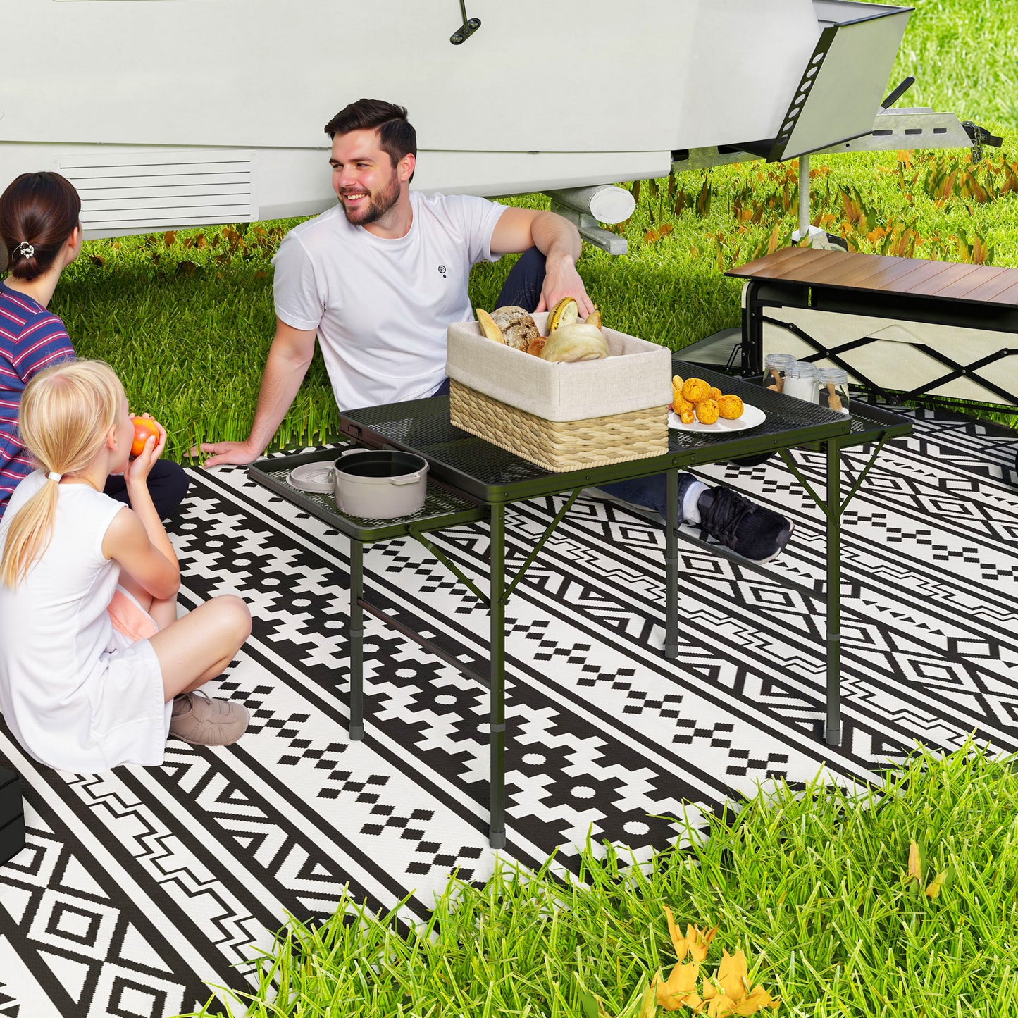 Outsunny Folding Grill Table, 4.5ft Portable Camping Table with 2 Wing Panels, Height Adjustable Metal Picnic Table for BBQ, Black