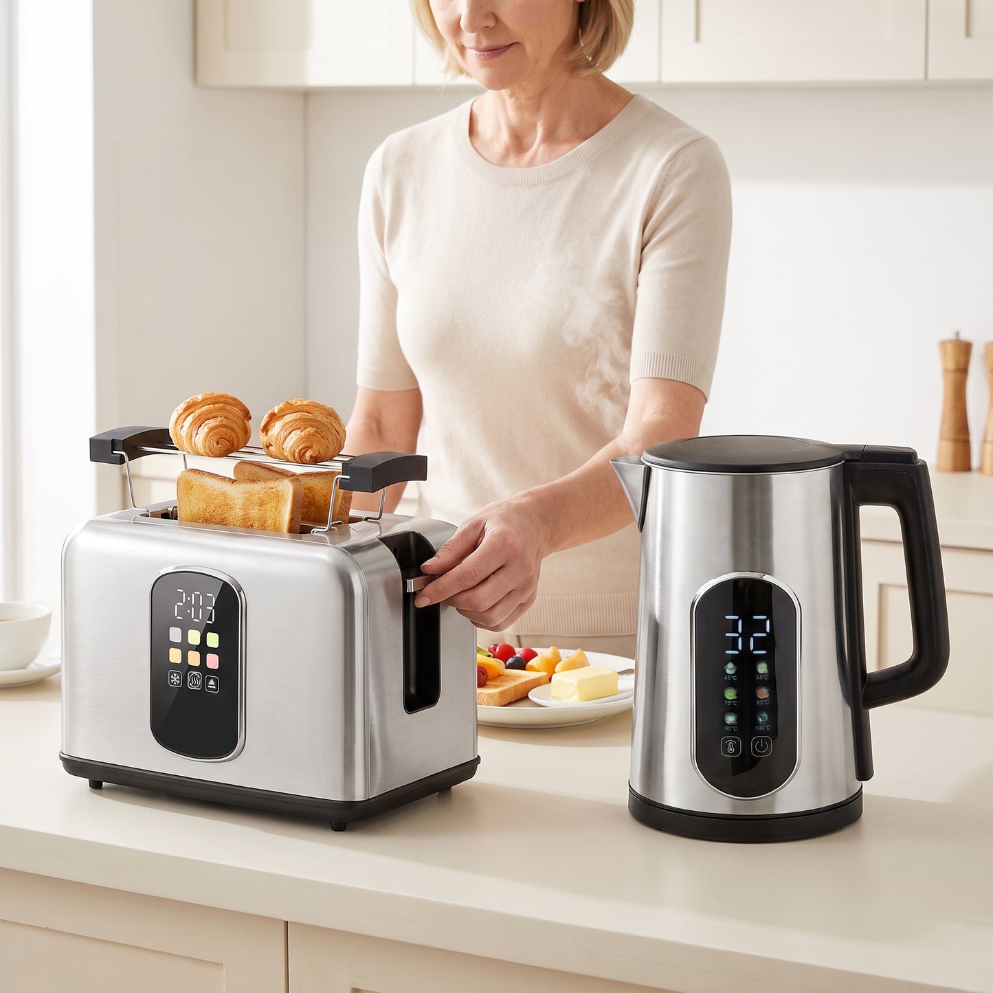 HOMCOM Kettle and Toaster Set with LED Touch Screen, Kettle with Strix Thermostat, 2 Slice Toaster w/ 6 Browning Levels, Silver