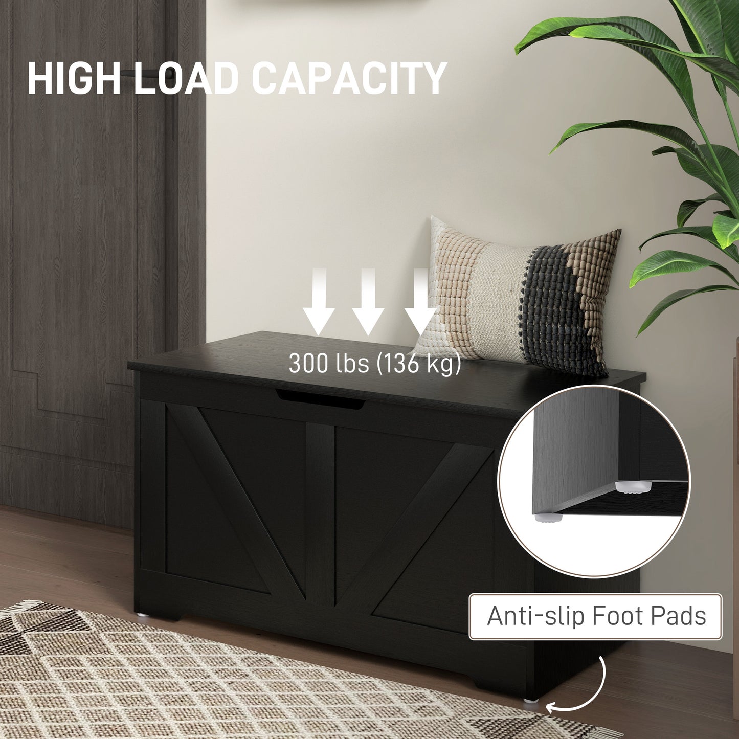 HOMCOM 100L Home Storage Box, with Safety Hinges - Black Wood-Effect