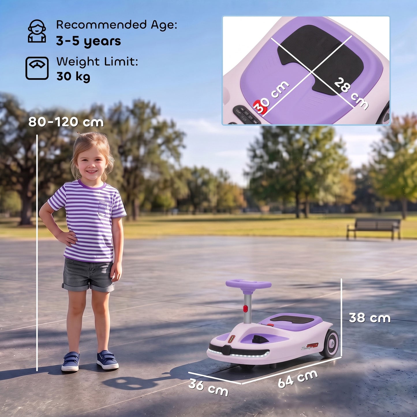 AIYAPLAY 12V Electric Wiggle Car with Pedal, Kids Electric Car with 2 Speeds, Soft Start, Music, Lights for 3-5 Years, Purple