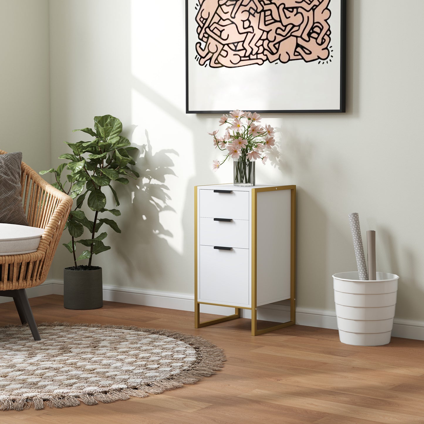 HOMCOM Bedroom Chest of Drawers, Industrial 3-Drawer Dresser, Storage Drawers Unit with Metal Frame for Living Room, White