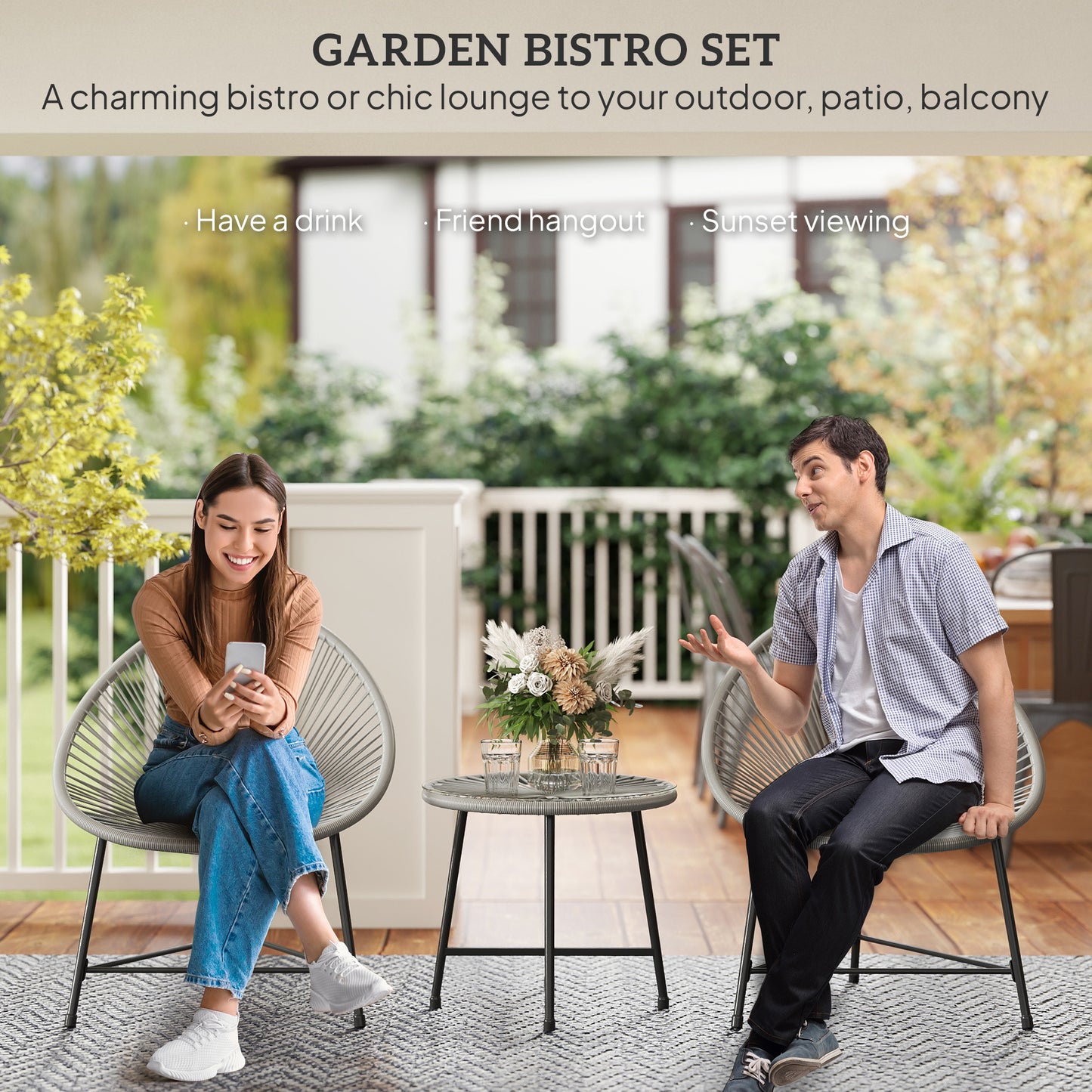 Outsunny 3 Piece Rattan Bistro Set, Garden Furniture with Acapulco Chairs & Glass Table, Reinforced Metal Frame, Outdoor/Patio/Balcony, Grey