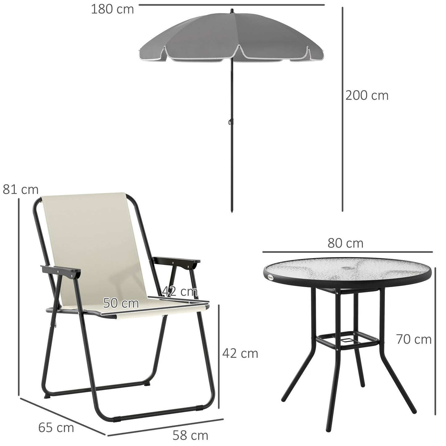 Outsunny 4 Seater Garden Furniture Set, 6 Pieces with Parasol, Folding Chairs & Glass Table, Cream White