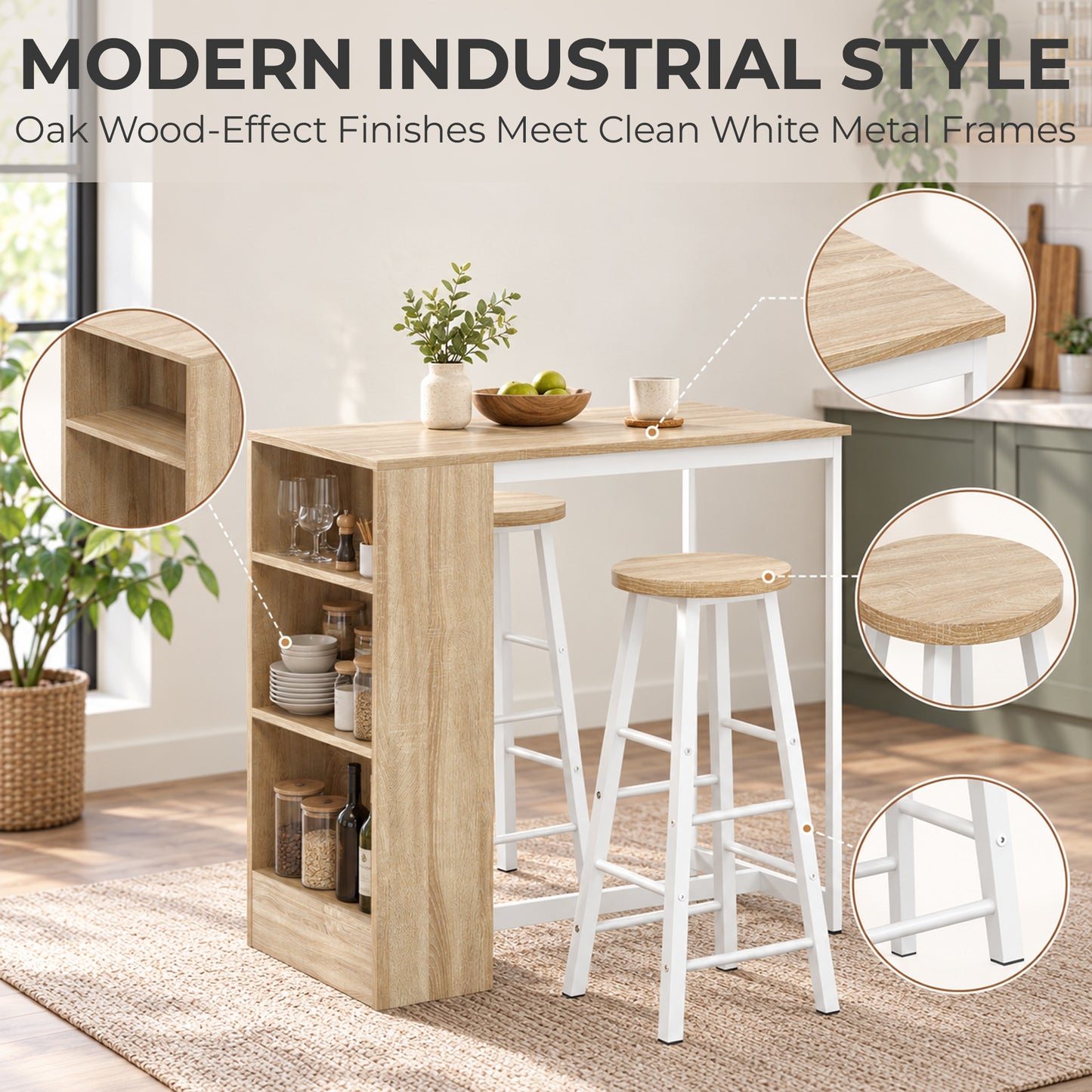 HOMCOM Breakfast Bar Table and Stools Set with 3 Tier Storage Shelves, Footrest and Metal Frame, 91 cm, Oak