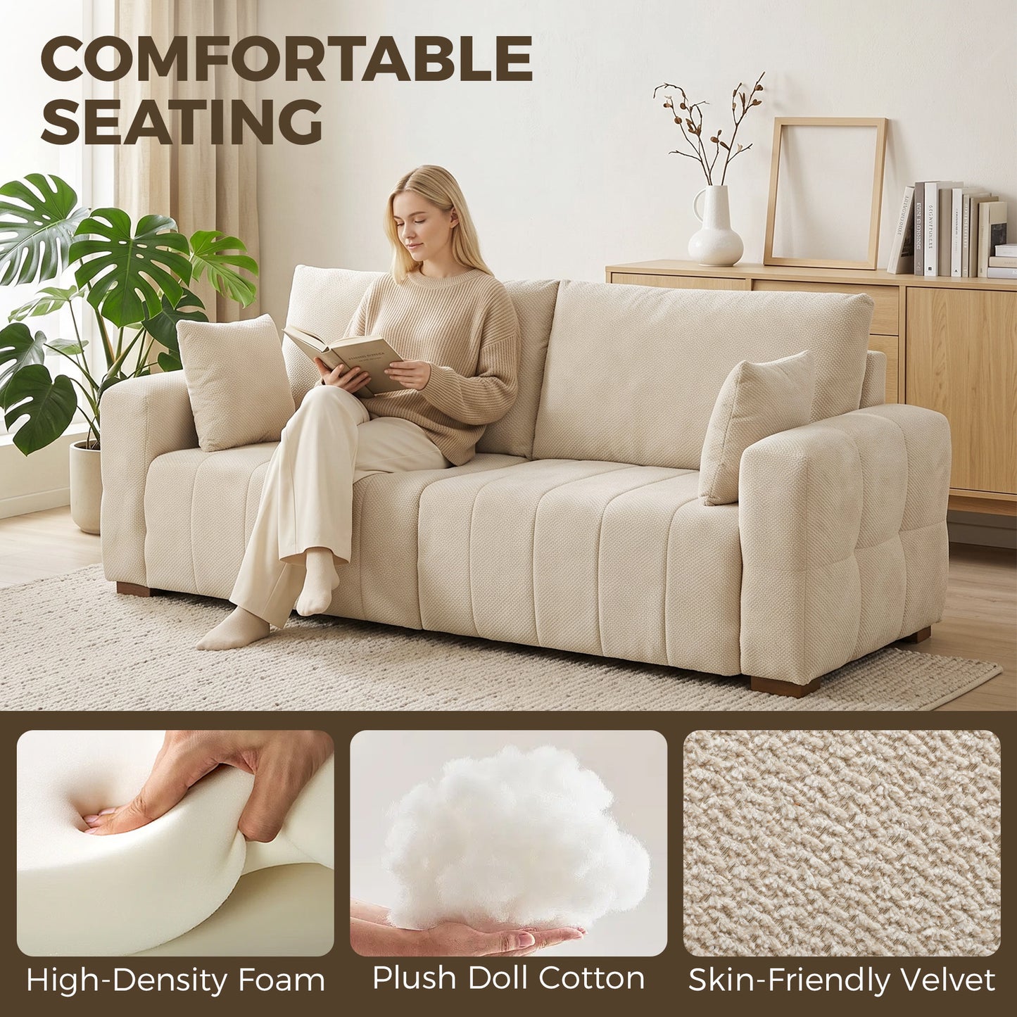 HOMCOM 3 Seater Sofa, Upholstered Velvet Couch for Bedroom with Pillows, Padded Cushion and Wood Legs, Cream White