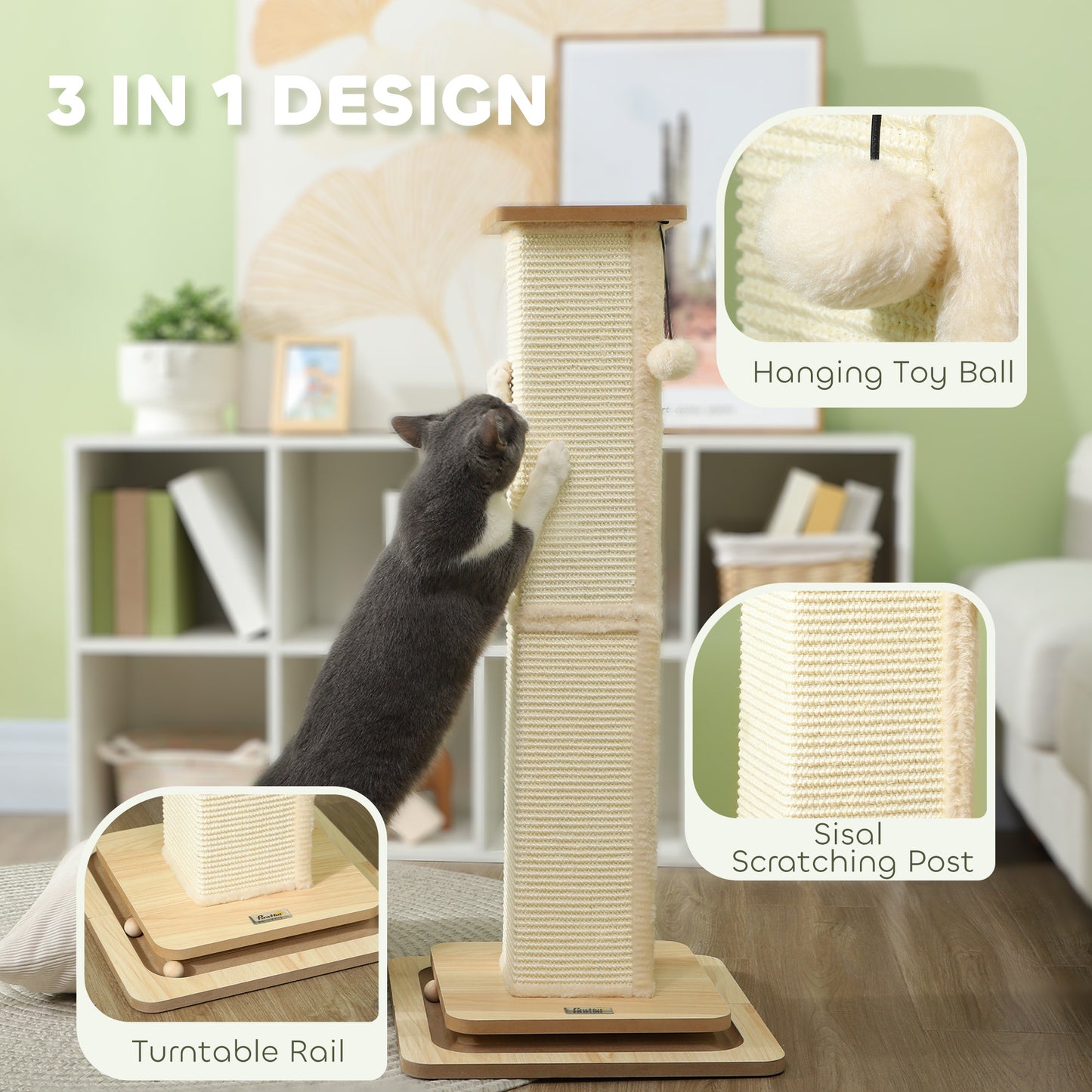 PawHut 3 in 1 Cat Scratching Post, 87cm Cat Scratcher w/ Track Ball Toy, Oak