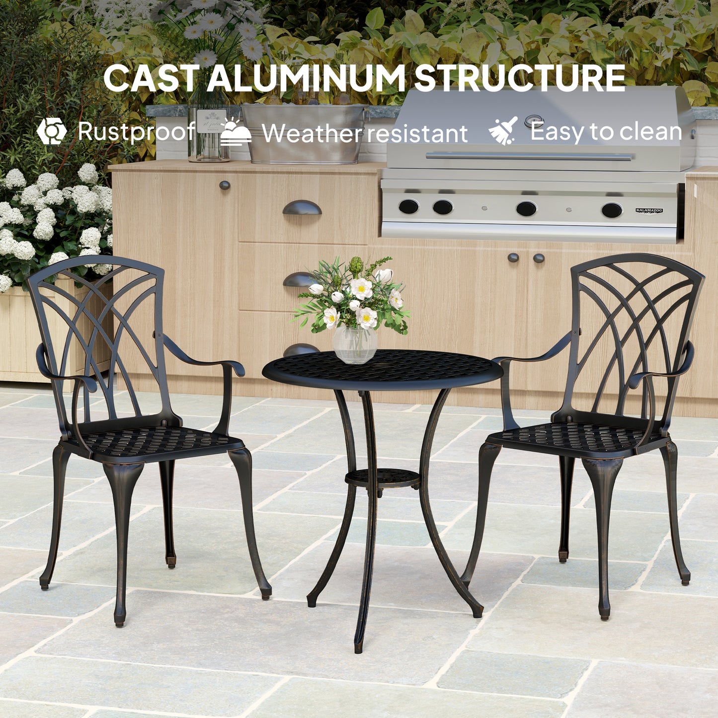 Outsunny 3-Piece Garden Set: Cast Aluminium 2 Armchairs & Round Table w/ Parasol Hole, Bronze Tone