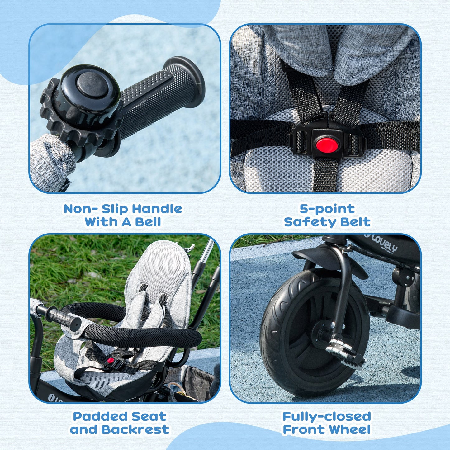 HOMCOM 4 in 1 Kids Trike Push Bike w/ Push Handle 5-point Safety Belt for 1-5 Years C Grey
