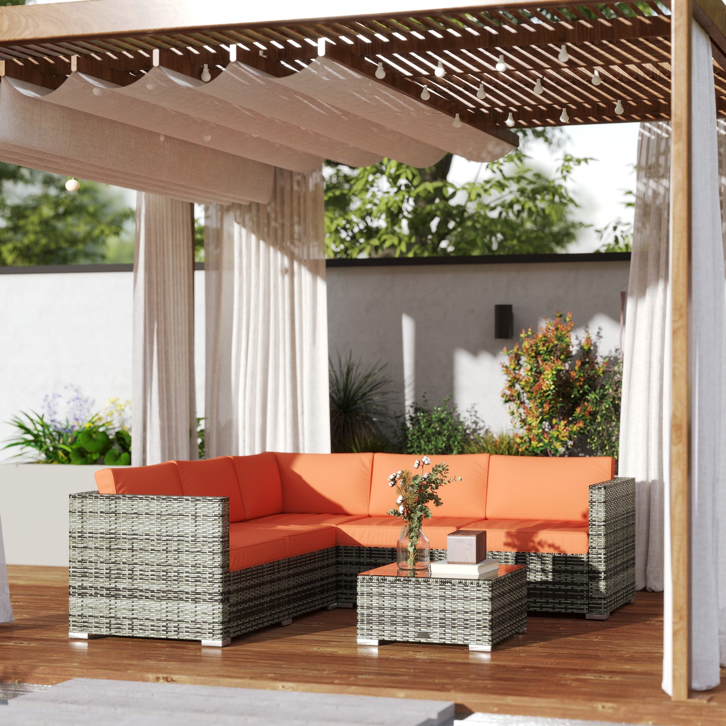 Outsunny Rattan Garden Furniture Set, Sofa & Coffee Table, Orange