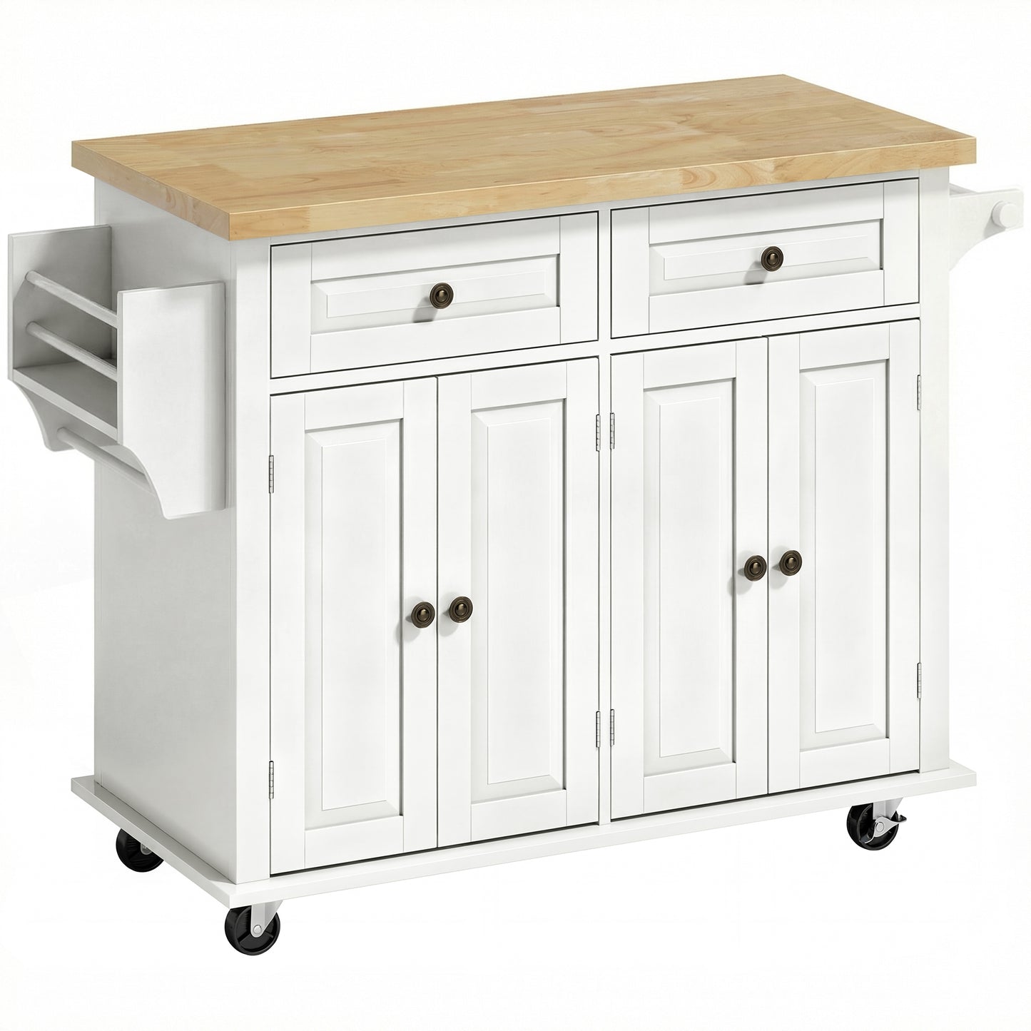 HOMCOM Kitchen Island on Wheels, Rolling Kitchen Storage Trolley with Rubber Wood Top, Drawers, Adjustable Shelves, Cream White