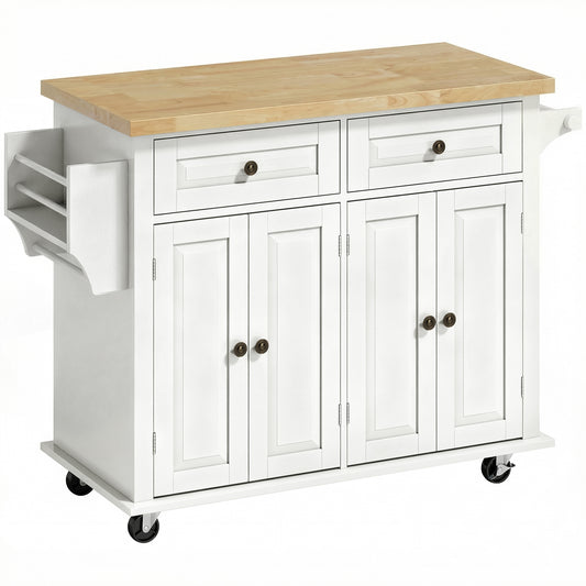 HOMCOM Kitchen Island on Wheels, Rolling Kitchen Storage Trolley with Rubber Wood Top, Drawers, Adjustable Shelves, Cream White