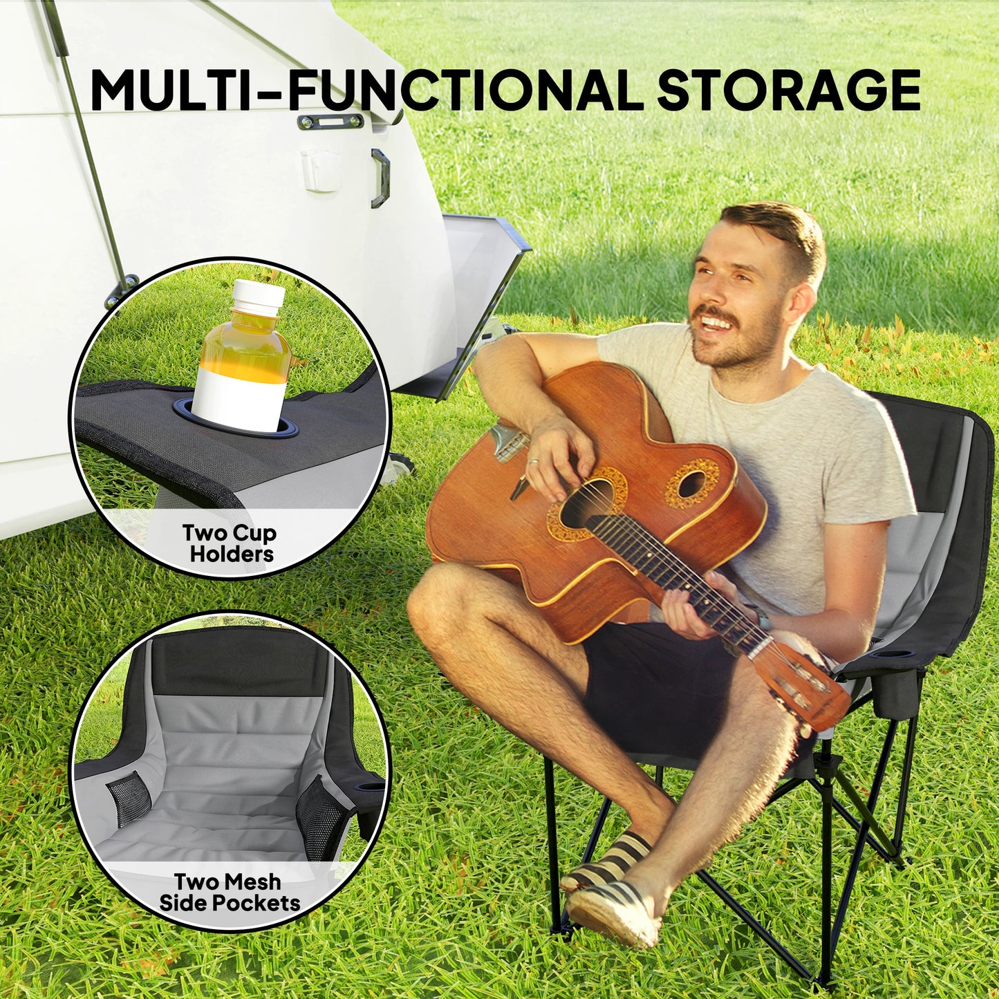 Outsunny Folding Camping Chair, Portable Padded Chair with Cup Holders, Side Pockets, Carry Bag for Picnic, Hiking, Fishing, Grey