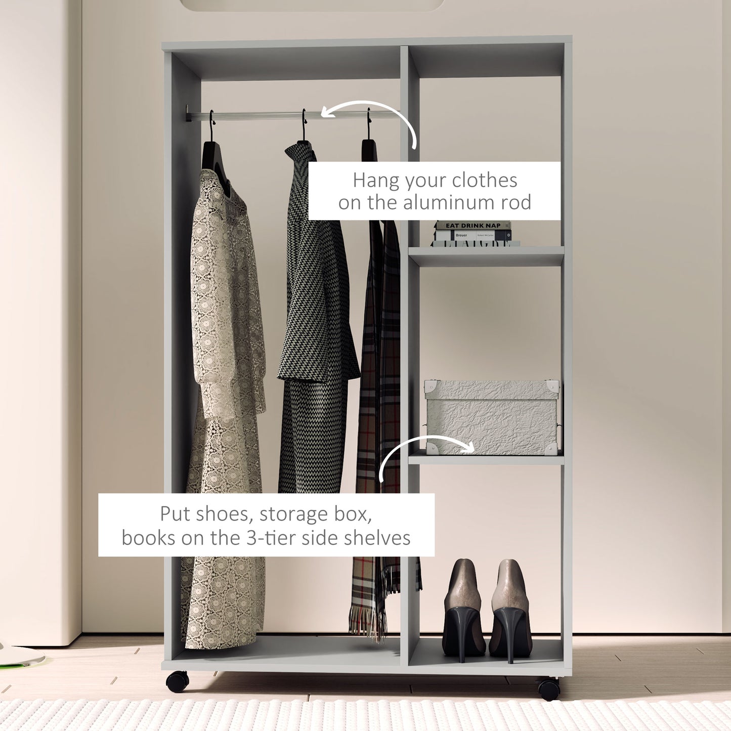 HOMCOM Open Wardrobe on Wheels with Clothes Rail, Bedroom Clothes Storage with Hanging Rod
