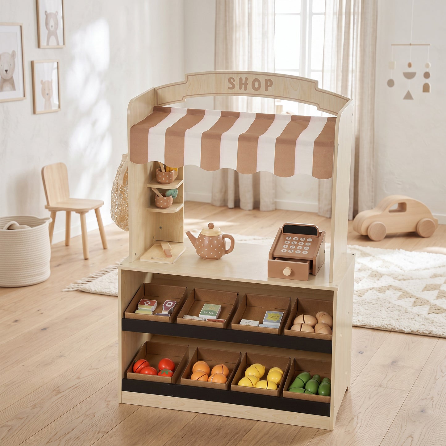 AIYAPLAY Pretend Play Shop, Wooden Kids Grocery Store Playset with Play Food, Cash Register, Chalkboard, 61 Accessories for 3-8