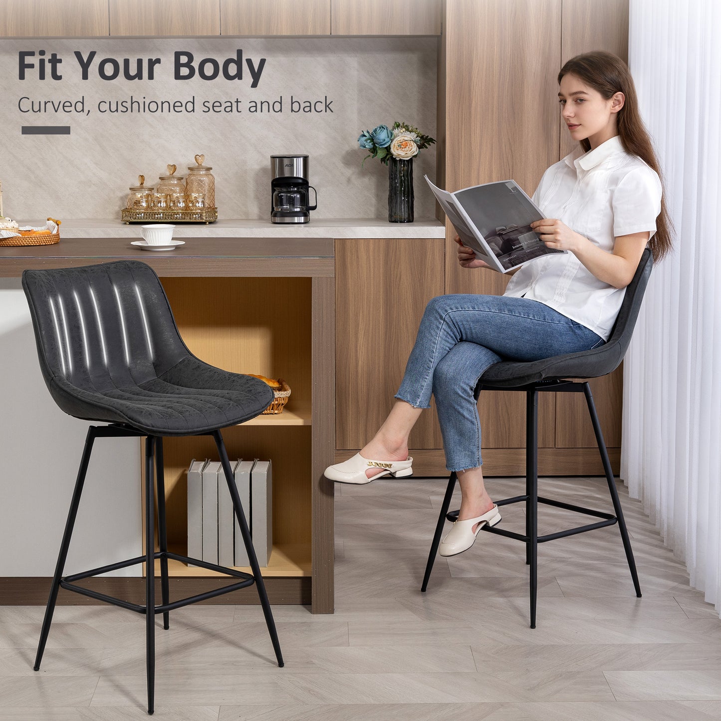 HOMCOM Set of 2 PU Leather Swivel Bar Stools - Black