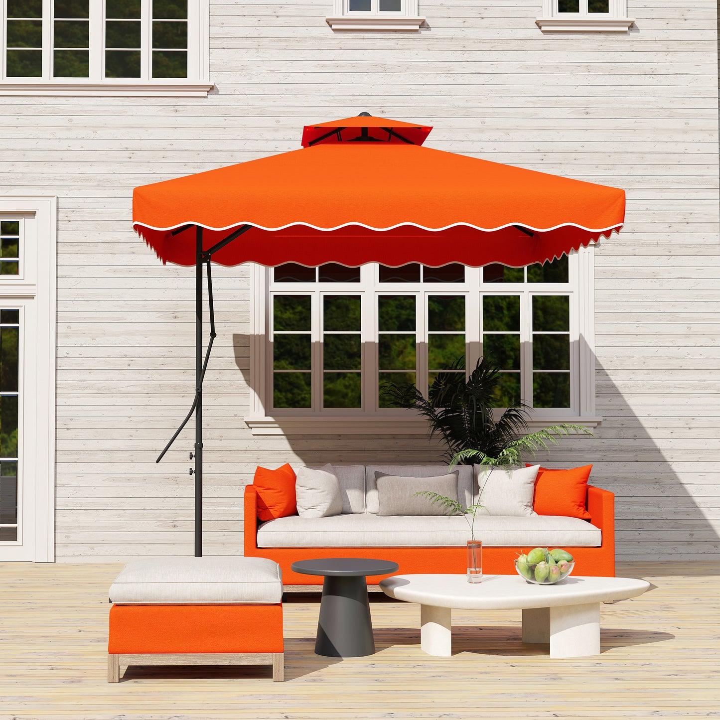 Outsunny 2.5m Cantilever Parasol, Square Double Top Garden Umbrella with Ruffles, Cross Base, Overhanging Sun Shade, Orange