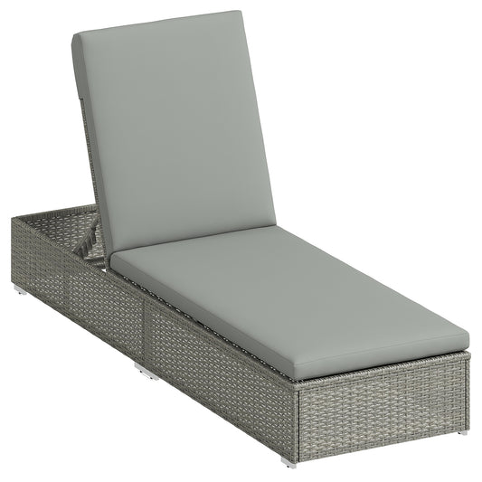 Outsunny Rattan Sun Lounger, Five-Position Reclining Garden Lounger Bed with Cushion, Light Grey