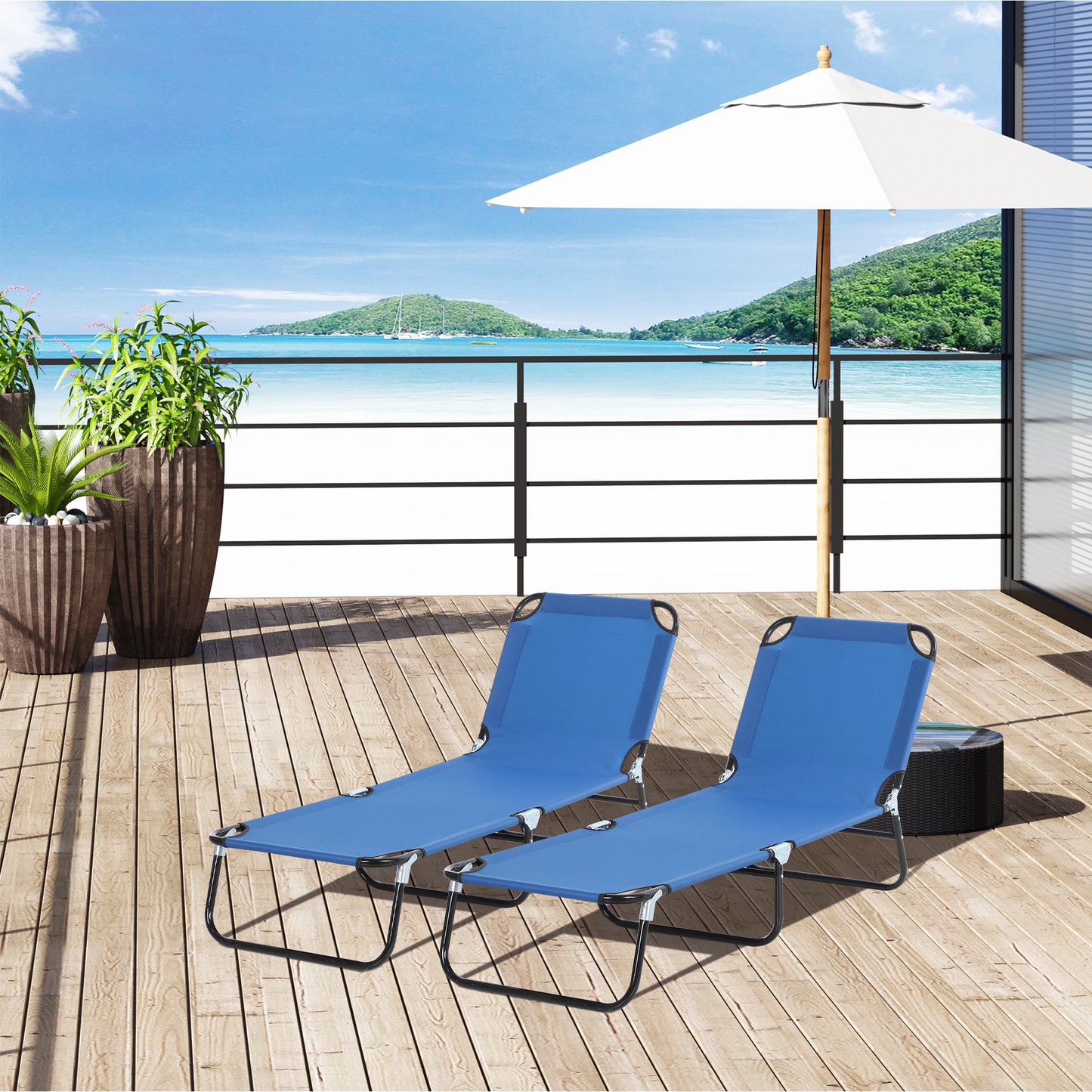 Outsunny 2-Piece Foldable Sun Loungers, 5-Position Adjustable Backrest, Portable Recliner Chairs, Breathable Mesh Fabric, Blue