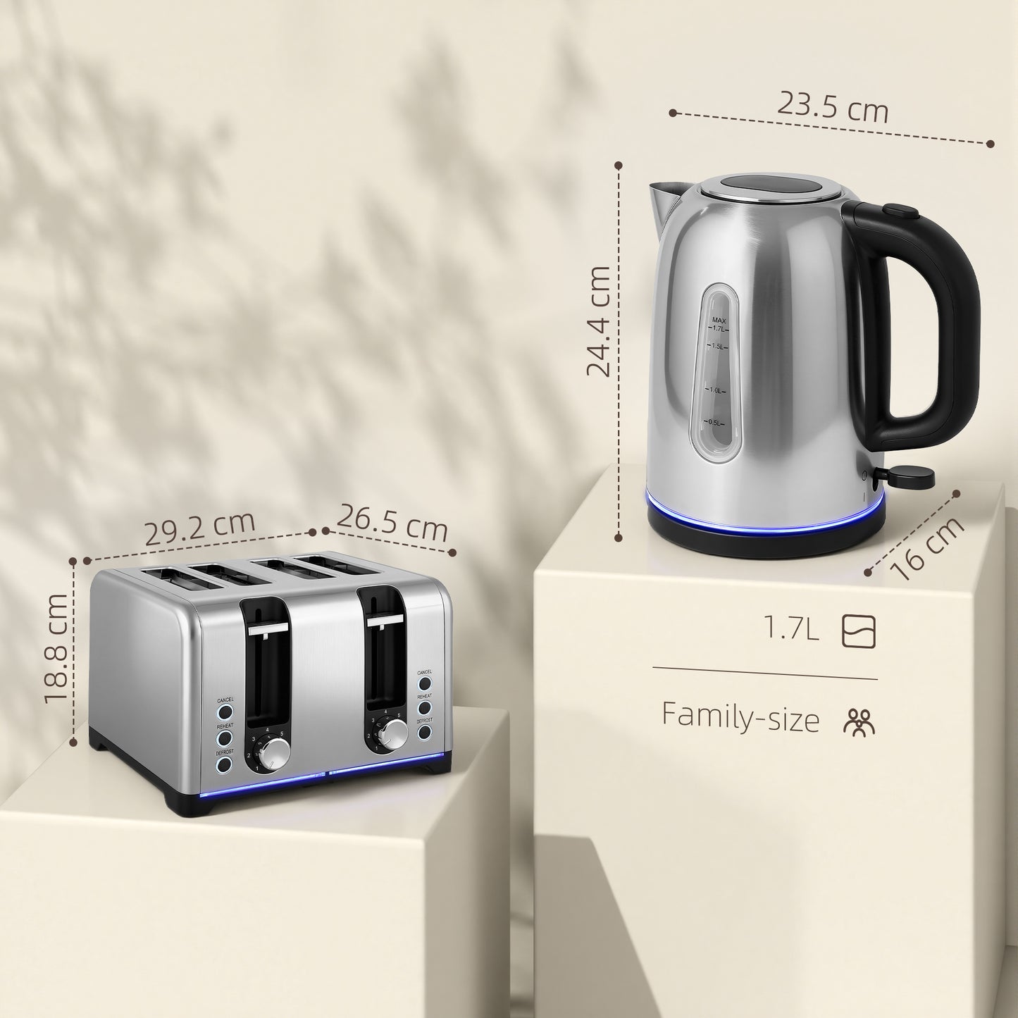 HOMCOM Kettle & Toaster Set, 1.7L 3000W Rapid Boil, Strix Thermostat, Limescale Filter, 4 Slice Toaster, 7 Browning Levels, Crumb Tray, Silver Tone