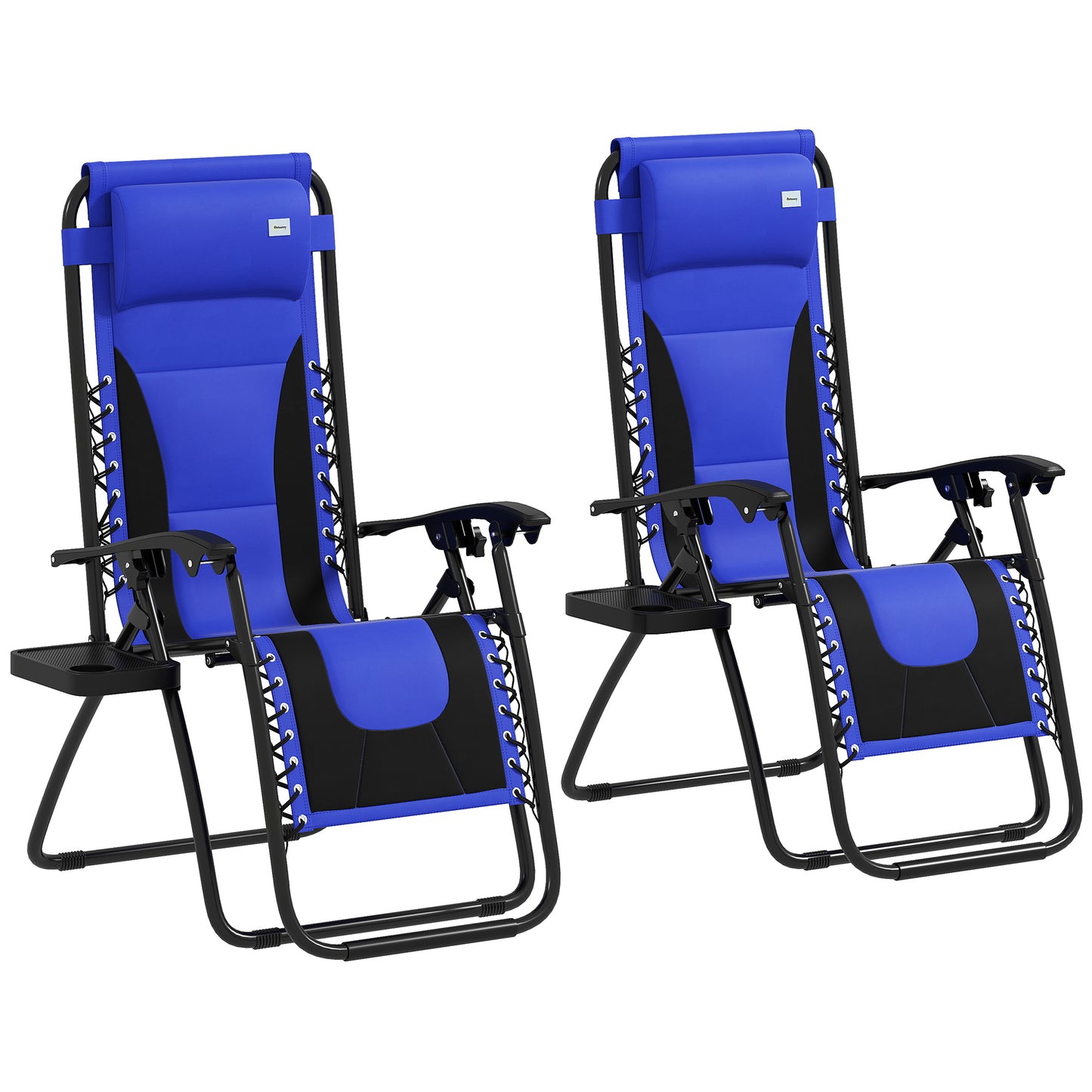 Outsunny Foldable Reclining Garden Chairs, Set of 2, Zero Gravity, Padded Seat, Cup Holder, Blue