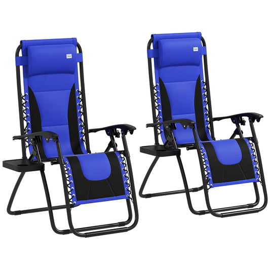 Outsunny Foldable Reclining Garden Chairs, Set of 2, Zero Gravity, Padded Seat, Cup Holder, Blue