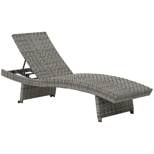 Outsunny Outdoor PE Rattan Sun Lounger, Folding Wicker Recliner with 4-Level Adjustable Backrest & Wheels, Non-Slip Legs, Mixed-grey