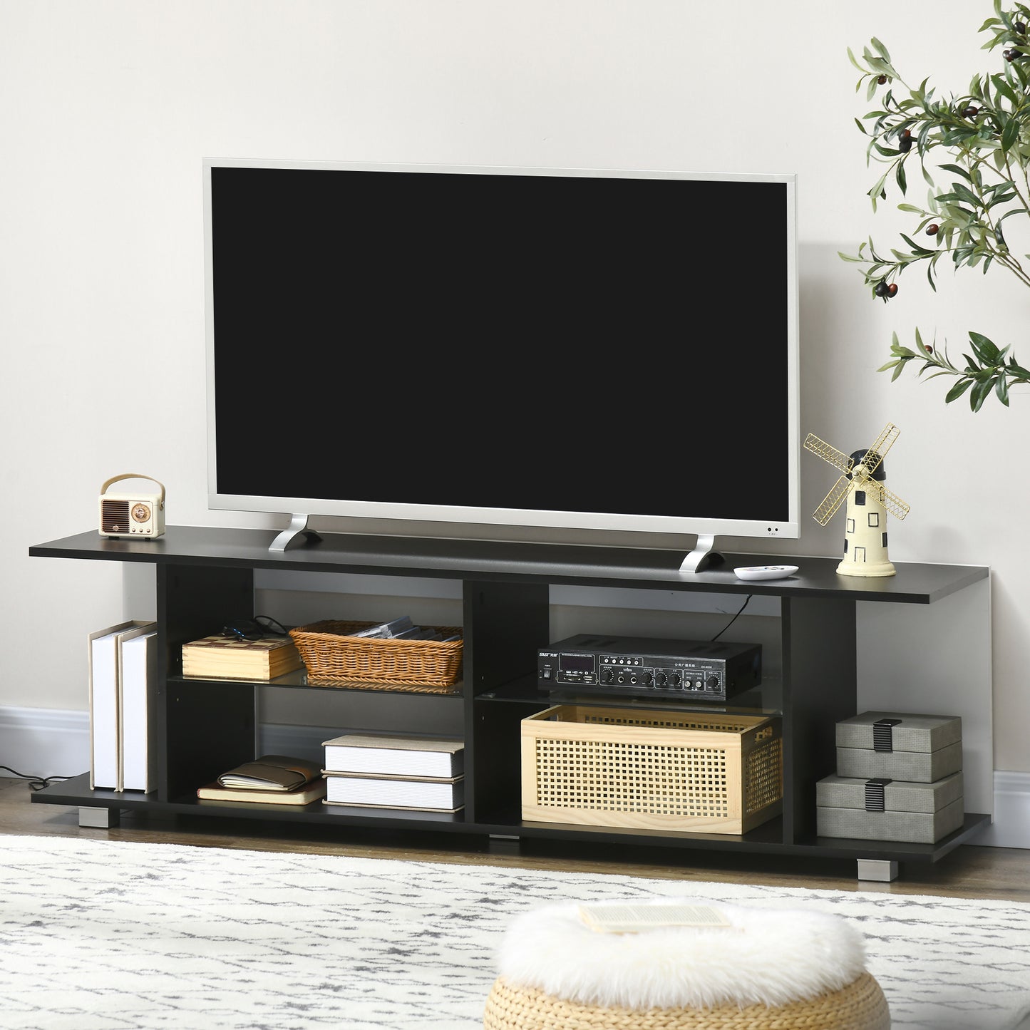 HOMCOM TV Stand 145cm Modern TV Unit with Glass Shelves RGB LED Light for 32 - 60 inch 4k TV Black