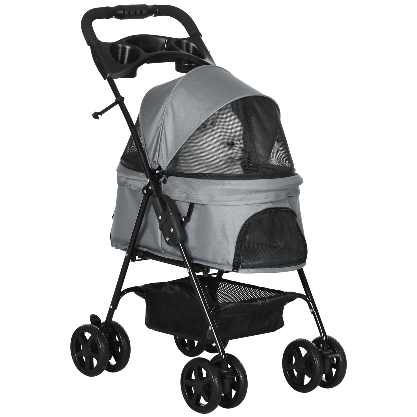 PawHut Pet Stroller No-Zip Foldable Travel Carriage with Brake Basket Adjustable Canopy