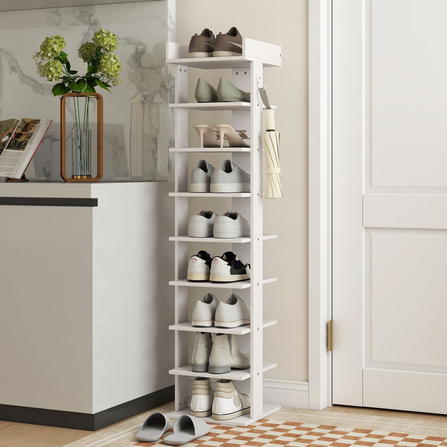 HOMCOM Shoe Rack 9-Tier Shoe Storage Organiser Top Tray Guardrail 2 Hooks 30 x 30 x 128.4 cm White