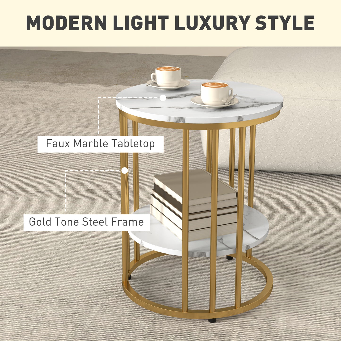 HOMCOM Set of Two Marble-Effect Coffee Tables - White/Gold-Tone