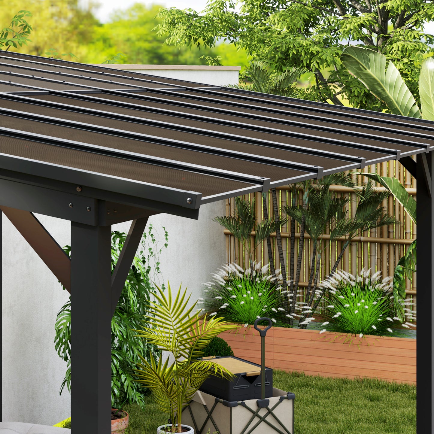 Outsunny 3x4.3m Metal Pergola, UPF 50+ Waterproof Roof, Wall-Mounted/Free Standing Gazebo, Dark Grey