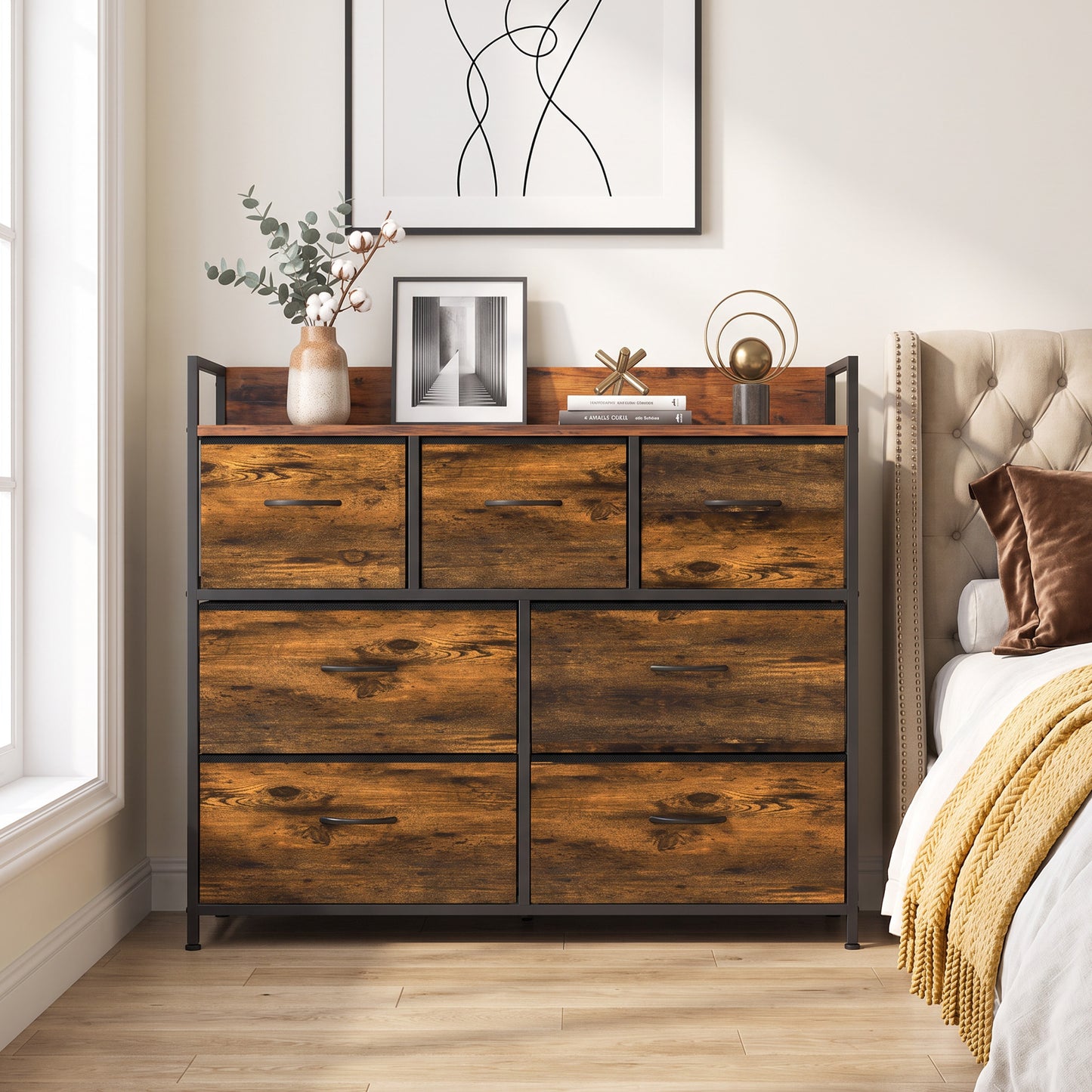 HOMCOM Chest of Drawers with 7 Drawers, Industrial Fabric Storage Unit with Top Shelf and Steel Frame for Bedroom, Rustic Brown