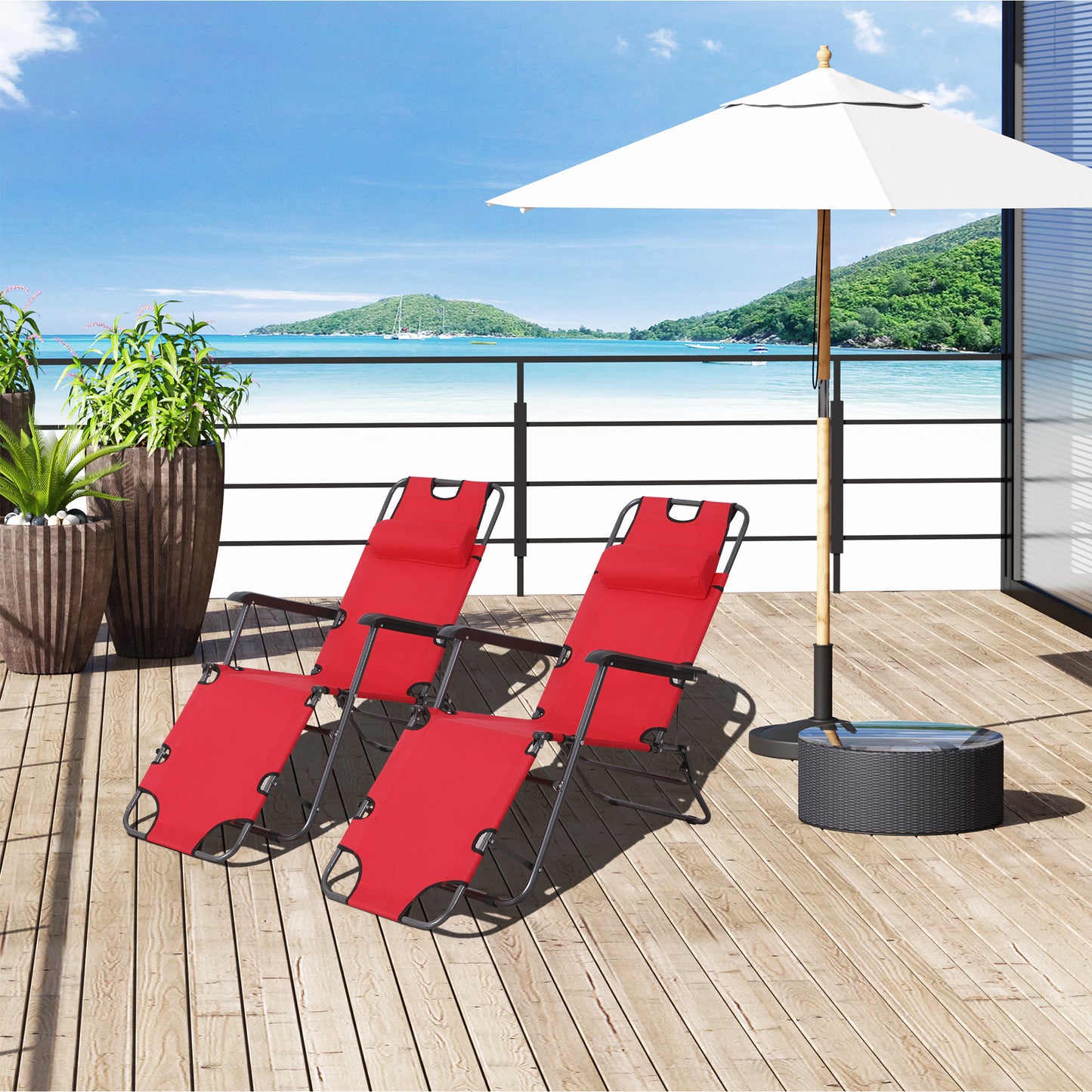 Outsunny 2 in 1 Folding Sun Lounger Reclining Garden Chair Set of 2, Adjustable Backrest, Zero Gravity with Head Pillow, Armrests, Red