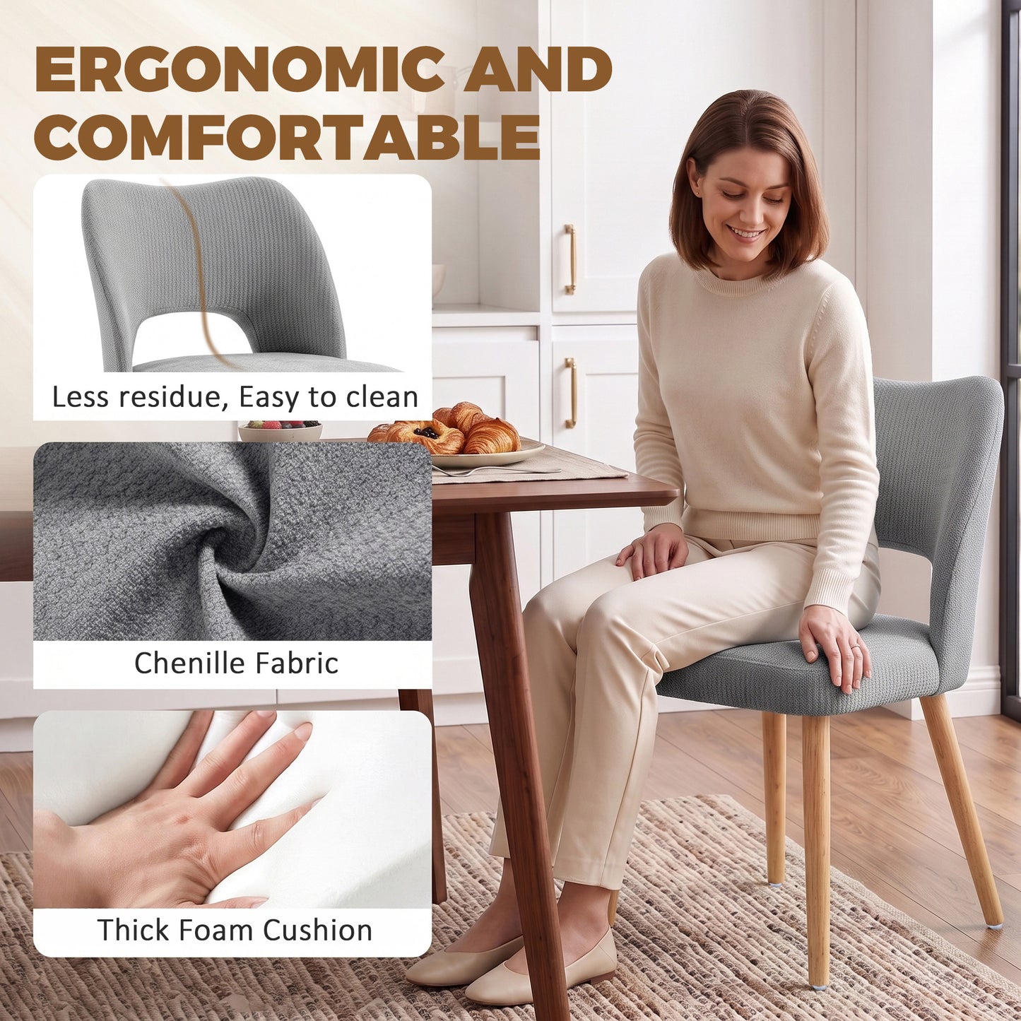 HOMCOM Dining Chairs Set Upholstered Kitchen Chenille Tool Free Assembly Rubberwood Legs, Grey